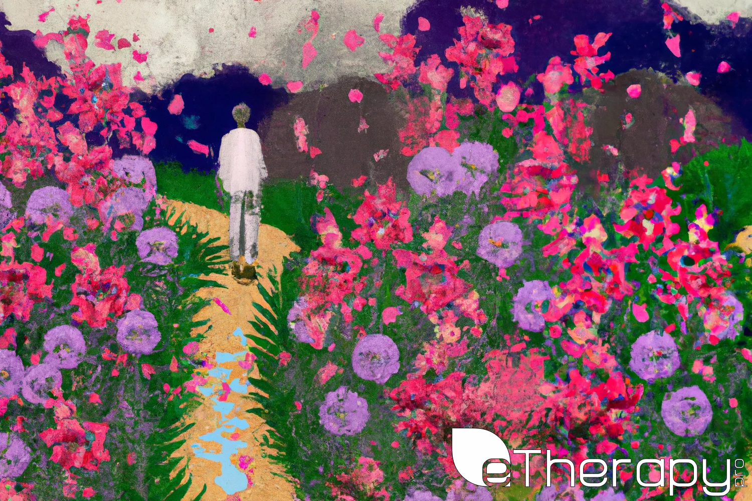 Path of healing. Person walks amid blossoming flowers - healthy relationships: overcoming the impact of father issues